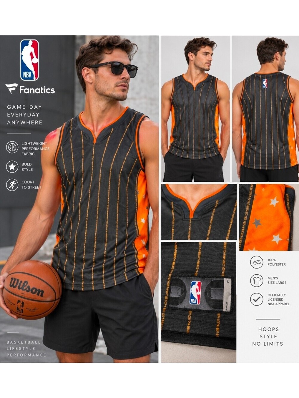 Fanatics NBA Men’s Large Black Orange Pinstripe Basketball Jersey Tank L